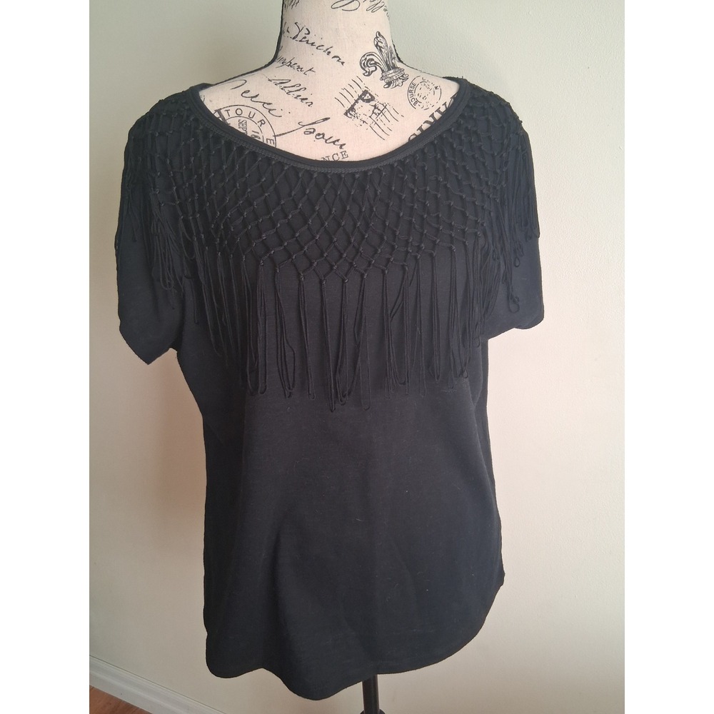 Suzy Shier Womens XL Black Short Sleeve Macrame Crochet Fringe Boho Top